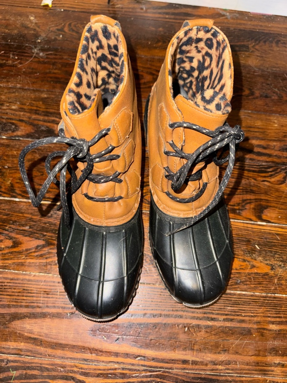 Magellan Outdoors Brown and Black Duck Boots with Leopard Lining